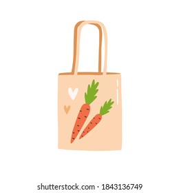 Trendy reusable eco bag. Plastic free sustainable shopper. Simple textile package for groceries isolated on white background. Colorful vector illustration in flat cartoon style