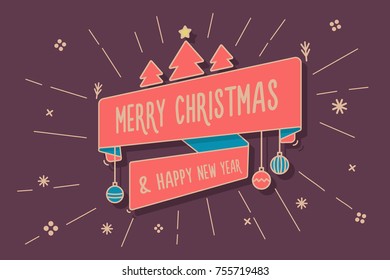 Trendy ribbon with Merry Christmas and happy new year message on a background with christmas shapes. Vector Illustration for web, banners, greeting cards, background, design element for projects etc.