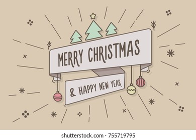 Trendy ribbon with Merry Christmas and happy new year message on a background with christmas shapes. Vector Illustration for web, banners, greeting cards, background, design element for projects etc.