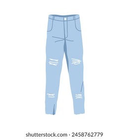 Trendy ripped jeans, casual denim pants for women. Stylish distressed trousers, fashion garment with holes, stitches. Blue cotton clothes design. Flat vector illustration isolated on white background