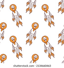 Trendy rocket astronaut skull, Background seamless pattern illustration for t-shirt, sticker, or apparel merchandise. With retro, and doodle cartoon style.