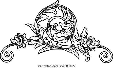 Patrón vintage grabado floral de moda Rococo Scroll. Filigrana elemento decorativo ornamental Ilustración vectorial