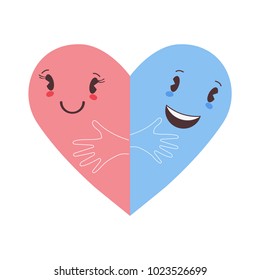 Trendy romantic flat vector illustration: two cute halves of heart shape embracing each other. Great as metaphor for loving couple, friendship, love togetherness.