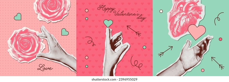 Trendy romantic halftone collage elements set with doodles. Floral mixed media design, vintage punk dotted Valentine day stickers of hands, hearts, flowers. Y2K vintage aesthetic vector illustration