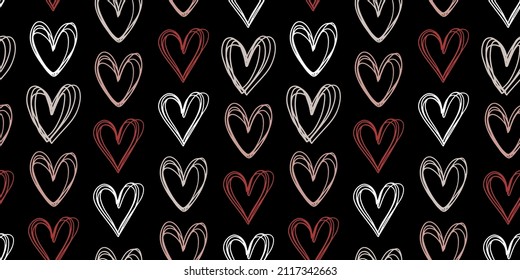 Trendy romantic seamless pattern with hand drawn hearts. Endless background for holidays, wedding and Valentines Day. Brush heart illustration. Endless repeating texture for fabric and wrapping paper