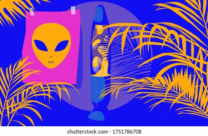 Trendy room interior with lava lamp and ferns. Trippy psychedelic atmosphere.