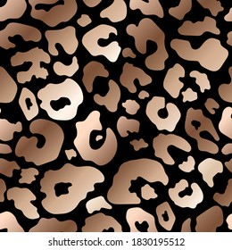 Trendy rose gold leopard abstract seamless pattern. Wild animal cheetah skin bronze metallic texture on black background for fashion print design, textile, cover, wrap, wallpaper. Vector illustration