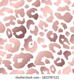 Trendy Rose Gold Leopard Skin Abstract Seamless Pattern. Vector Wild Animal Cheetah Golden Metallic Pink Texture On White Background For Fashion Print Design, Textile, Cover, Wrap, Wallpaper.