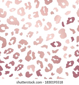 Trendy rose gold leopard skin abstract seamless pattern. Vector wild animal cheetah golden metallic pink texture on white for fashion print design, textile, cover, wrap, wallpaper, background.