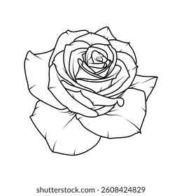 Trendy rose vector line art in black and white, perfect for tattoos, coloring pages, logos, or minimalist floral design projects. Isolated on white background