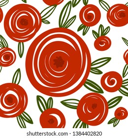 Trendy roses and leaves seamless pattern for your design. Sketch for wrapping paper, floral textile, background fill, fabric. 