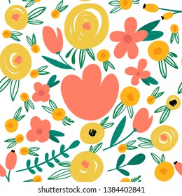 Trendy roses and leaves seamless pattern for your design. Sketch for wrapping paper, floral textile, background fill, fabric. 