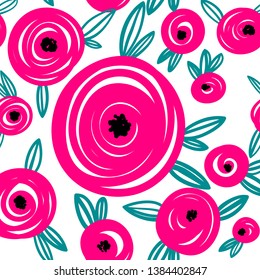 Trendy roses and leaves seamless pattern for your design. Sketch for wrapping paper, floral textile, background fill, fabric. 