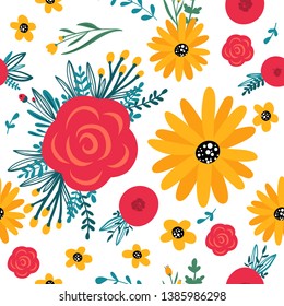 Trendy roses and leaves seamless pattern for your design. Sketch for wrapping paper, floral textile, background fill, fabric. 
