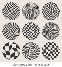 Trendy round checkered pattern, distorted tiled grid. Wavy curved backdrop, distortion effect. Funky geometric chessboard texture, retro background in 90s style, y2k. Vector illustration