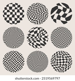 Trendy round checkered pattern, distorted tiled grid. Wavy curved backdrop, distortion effect. Funky geometric chessboard texture, retro background in 90s style, y2k. Vector illustration