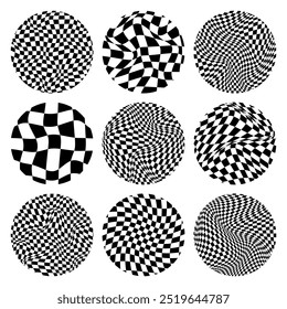 Trendy round checkered pattern, distorted tiled grid. Wavy curved backdrop, distortion effect. Funky geometric chessboard texture, retro background in 90s style, y2k. Vector illustration