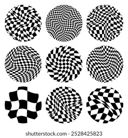 Trendy round checkered pattern, distorted tiled grid. Wavy curved backdrop, distortion effect. Funky geometric chessboard texture, retro background in 90s style, y2k. Vector illustration