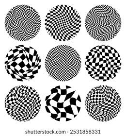 Trendy round checkered pattern, distorted tiled grid. Wavy curved backdrop, distortion effect. Funky geometric chessboard texture, retro background in 90s style, y2k. Vector illustration