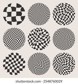 Trendy round checkered pattern, distorted tiled grid. Wavy curved backdrop, distortion effect. Funky geometric chessboard texture, retro background in 90s style, y2k. Vector illustration