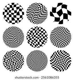 Trendy round checkered pattern, distorted tiled grid. Wavy curved backdrop, distortion effect. Funky geometric chessboard texture, retro background in 90s style, y2k. Vector illustration