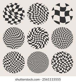 Trendy round checkered pattern, distorted tiled grid. Wavy curved backdrop, distortion effect. Funky geometric chessboard texture, retro background in 90s style, y2k. Vector illustration