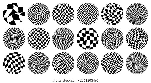 Trendy round checkered pattern, distorted tiled grid. Wavy curved backdrop, distortion effect. Funky geometric chessboard texture, retro background in 90s style, y2k. Vector illustration