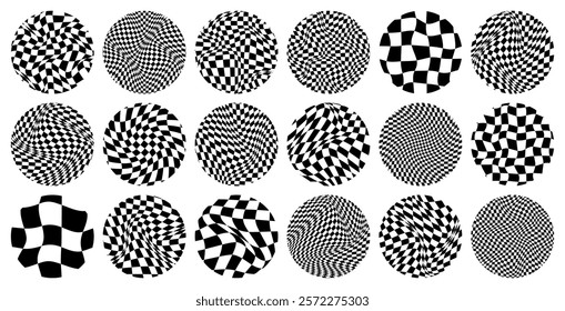 Trendy round checkered pattern, distorted tiled grid. Wavy curved backdrop, distortion effect. Funky geometric chessboard texture, retro background in 90s style, y2k. Vector illustration