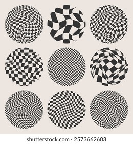 Trendy round checkered pattern, distorted tiled grid. Wavy curved backdrop, distortion effect. Funky geometric chessboard texture, retro background in 90s style, y2k. Vector illustration