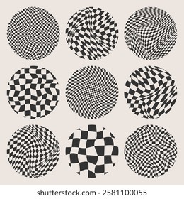 Trendy round checkered pattern, distorted tiled grid. Wavy curved backdrop, distortion effect. Funky geometric chessboard texture, retro background in 90s style, y2k. Vector illustration