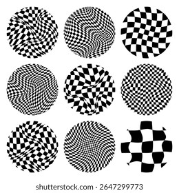 Trendy round checkered pattern, distorted tiled grid. Wavy curved backdrop, distortion effect. Funky geometric chessboard texture, retro background in 90s style, y2k. Vector illustration