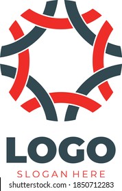 Trendy round geometric circle icon logo with red blue colored wicker lines elements