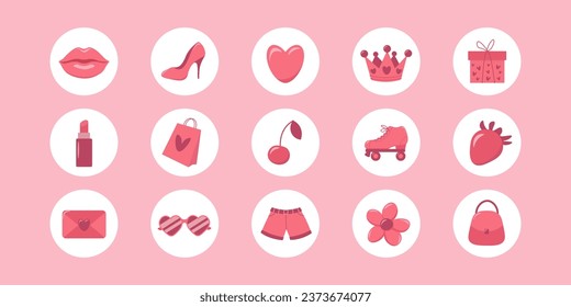 Trendy round icons for social media. Pink doll aesthetic accessories.