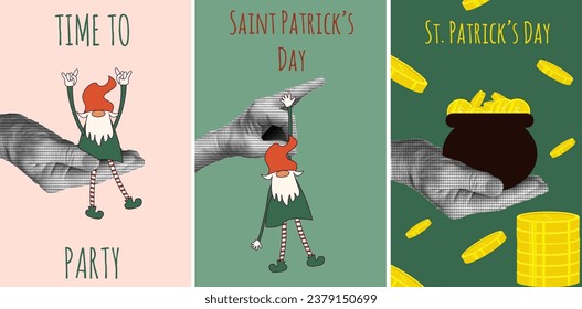 
Trendy Saint Patrick's day banner with Halftone hand, leprechaun, pot of money and font. Nostalgia art with grunge element. Set Retro Patrick day Poster for Social Media. Vector illustration.