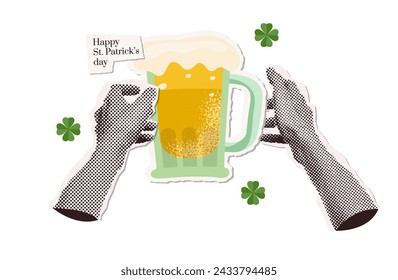 Trendy Saint Patrick's day banner with Halftone hand holding beer mug. Nostalgia paper collage art with flat shamrock elements. Retro Patrick day Poster for Social Media or ad. Vector illustration.