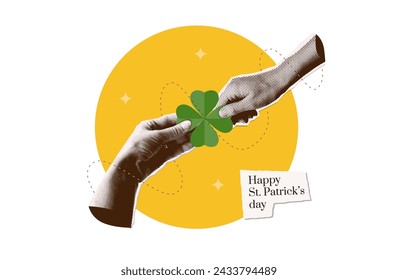 Trendy Saint Patrick's Day Design mit herausgerissenen Papierhänden, die Shamrock Blatt im y2k Halftone Collage Stil halten. Vorlage Grußkarte mit nostalgischen Halbtonhänden. Vektorgrafik isoliert