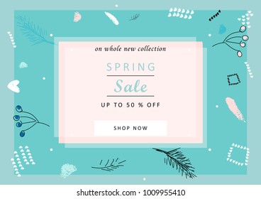 Trendy Sale Banner Design with different hand drawn organic shapes and textures. Social Media Cute backdrop for advertising, web design, posters, invitations, greeting cards, birthday, anniversary