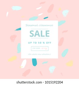 Trendy Sale Banner Design with different hand drawn shapes and textures. Cute social media backdrop for advertising, web design, posters, invitations, greeting cards, birthday or anniversary.
