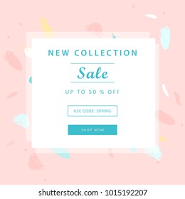 Trendy Sale Banner Design with different hand drawn shapes and textures. Cute social media backdrop for advertising, web design, posters, invitations, greeting cards, birthday or anniversary.