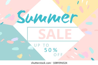 Trendy Sale Banner Design with different hand drawn confetti organic shapes and textures. Social Media  backdrop for advertising, web design, posters, invitations, greeting cards, birthday,  headers