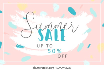 Trendy Sale Banner Design with different hand drawn confetti organic shapes and textures. Social Media Modern backdrop for advertising, web design, posters, invitations, greeting cards, birthday