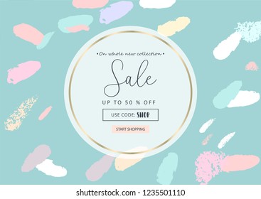 Trendy Sale Banner Design with different hand drawn confetti organic shapes and textures. Social Media Cute backdrop for advertising, web design, poster, invitations, greeting cards, birthday, anniver