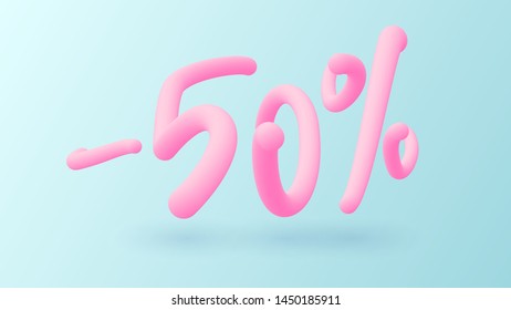 Trendy sale banner with hand written 3d gradient letters. Discount -50 lettering illustration. Fashion, beauty and cosmetics promotion