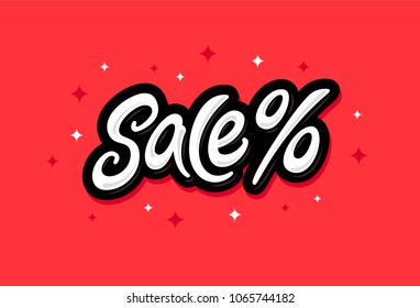 Trendy sale banner with handwritten sale text and percent icon. Modern flat design isolated on red background. Discount tag and special offer sticker. Vector illustration. EPS 10.