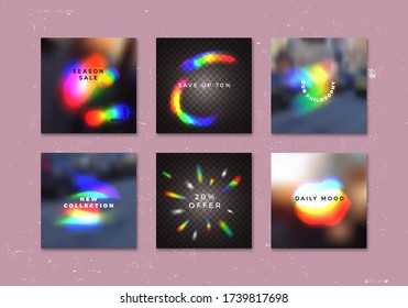 Trendy Sale Banners Design and Transparent Colorful Bokeh Effect  Abstract Blurred Rainbow Elements  Vector Mockup and Gradient Neon Overlay  Editable Background Design 