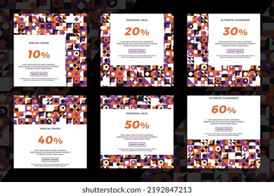 Trendy sale and discount promo backgrounds for social media mobile applications. Set of dark square advertising web banners with minimal geometric pattern. Simple vector editable background EPS 10