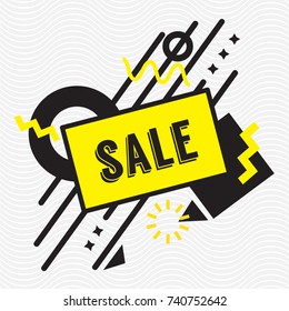 Trendy sale geometric banner. Vintage colors and shapes label. Retro poster design style. Black and yellow colours