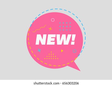 Trendy Sale Geometric Vector Bubble. New Tag, Business Label, Promo Badge. Flat Shape, Comic Style. Bright Retro Background with Memphis Style Pattern for Sale Promo Marketing.
