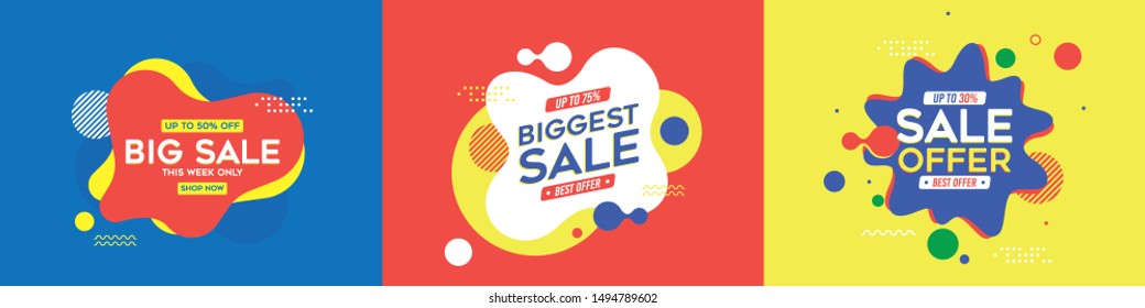 Trendy Sale logo, Discount and offer Unit, Vivid banners in retro poster design style. Fresh colours and shapes. Pink, Green & White - Vector, Icon, Label. - Vector