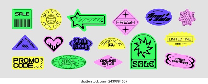 Trendy sale sticker set. Retro Y2K business discount text quote label collection. Colorful tag with love heart, web promotion message. Online offer bundle.	